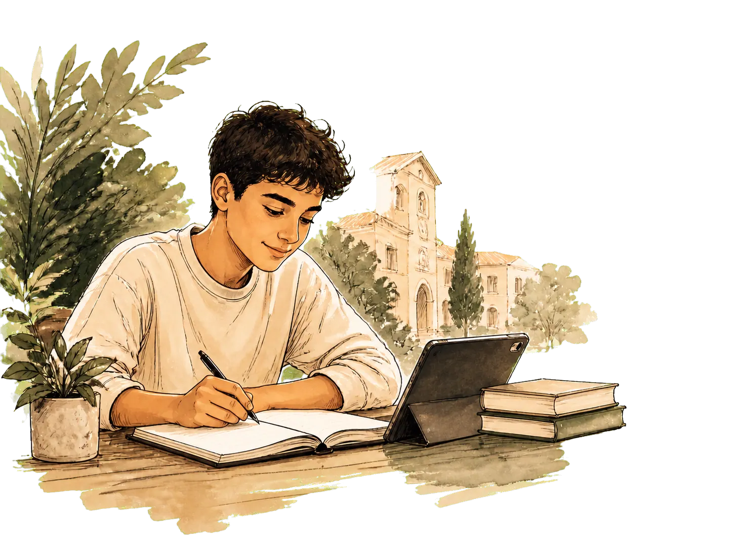 A learner studying with a tablet and books